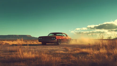 Muscle car powers through desert plain in golden dusk light.