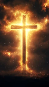 Incandescent cruciform silhouette framed by turbulent fiery nebula