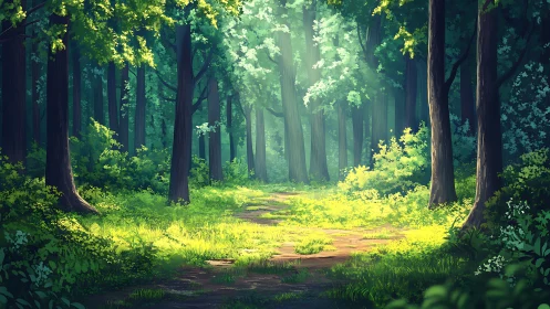 Sunlit Forest Path in Lush Green Woodland, Digital Art Style.