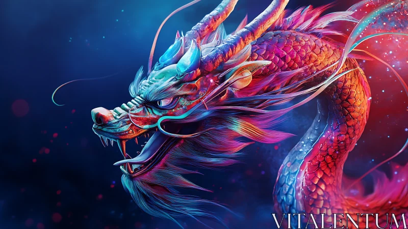 Bioluminescent eastern dragon rendered in neon chromatic detail