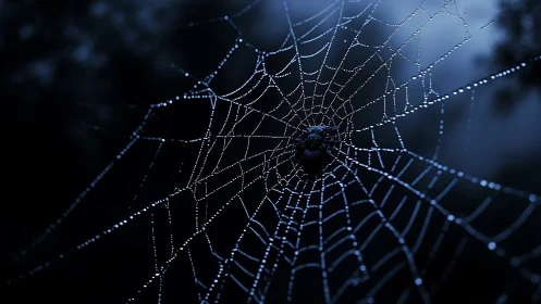 Spider on dew-covered web in low light forest setting.