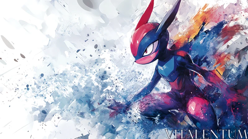 Dynamic red-and-blue creature surges through abstract energy.