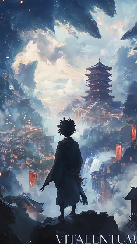 Wanderer gazes over misty temple city at dawn.