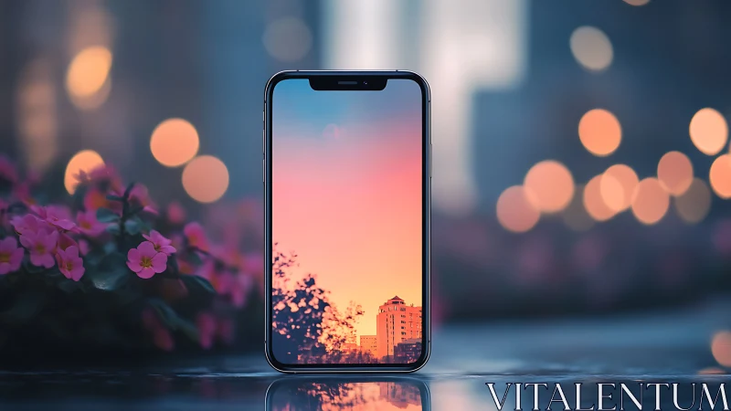 Soft evening city glows inside a modern smartphone screen