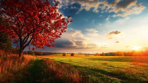 Autumn tree dominates a sunlit meadow under expansive sky