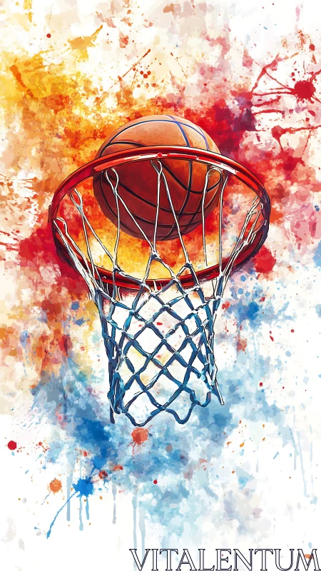 Color-splashed basketball arcs through a vibrant painted hoop