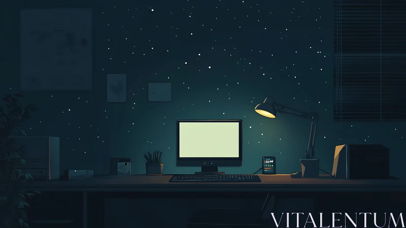 Cozy night workspace glowing softly beneath digital stars.
