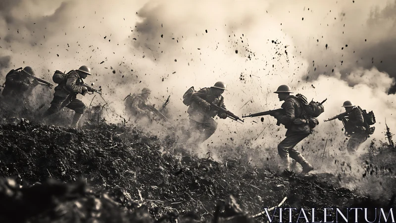 Storm-tossed soldiers charge through sepia-soaked battlefield.