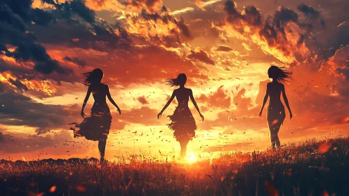 Three Silhouetted Women Walking in Glowing Sunset Field, Digital Art.