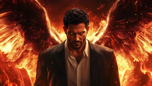 Male figure with fiery wings stands against bright flames