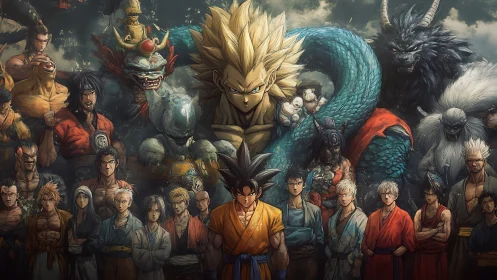 Epic anime warriors and mythic beasts in cinematic group tableau