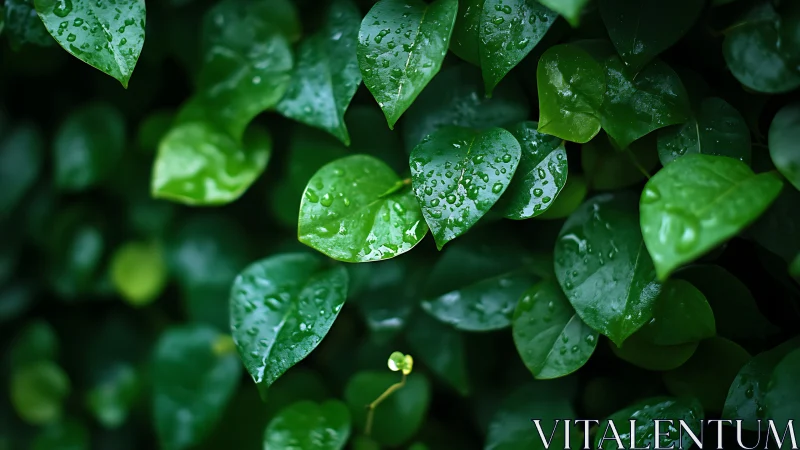 Gentle green leaves kissed by fresh raindrops after rain.