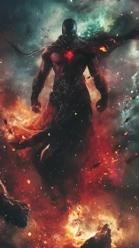 Armored humanoid figure stands in nebular fiery environment