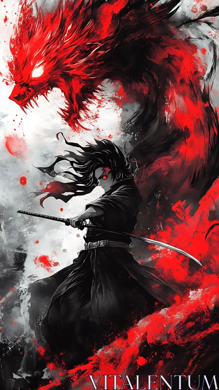 Crimson spirit dragon swirling above lone shadowed swordsman.