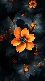 Digital orange flower rendered against dark layered foliage