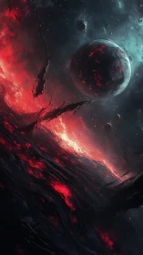 Molten skies and shattered worlds in a cosmic stormscape.