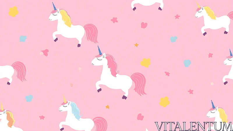 Digital unicorn repeat pattern on pink pastel ground.