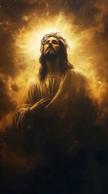 Radiant robed figure crowned in light amid celestial glow.