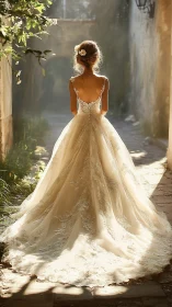Bride in golden light stands in a sunlit stone passageway.
