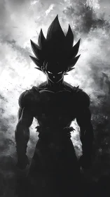 High-contrast anime warrior silhouette amid turbulent monochrome clouds
