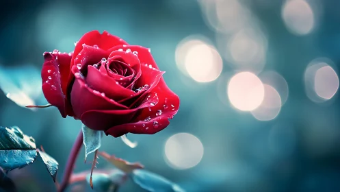 Red Rose with Dewdrops Against Blurred Teal Background.