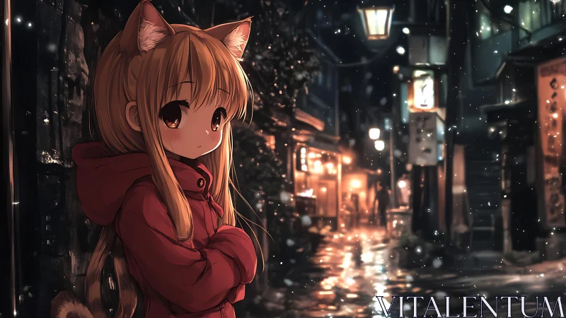 Cat-eared girl waits quietly in a softly lit snowy alleyway
