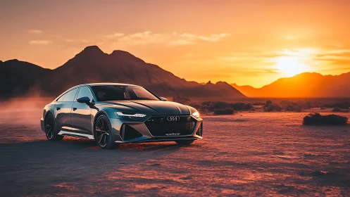 Sports sedan cuts desert dusk with metallic precision.