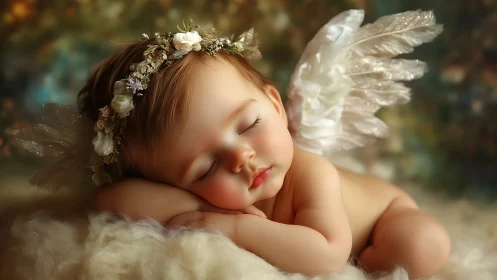 Sleeping infant angel with wings and floral headband.