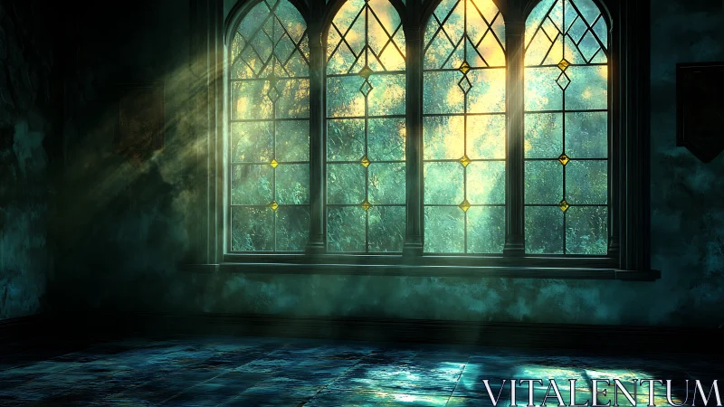 Gothic arched stained glass window with volumetric light rays