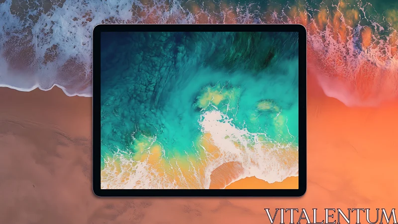 Tablet Display Showcasing Aerial Beach Waves in Vibrant Turquoise.
