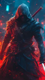 Hooded cyber rogue stepping through fire and neon dusk.