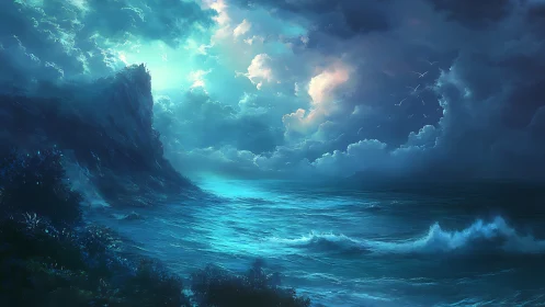 Moonlit tempest cove where cyan tides whisper secrets.