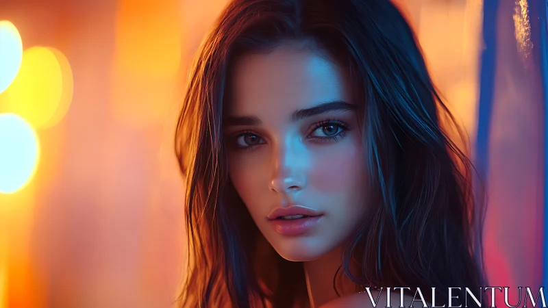 Portrait shows woman in neon bokeh light with cyan highlights