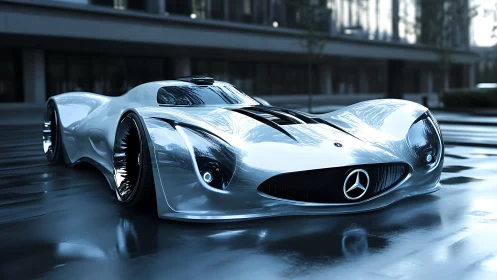 Hydrodynamic Mercedes concept hypercar on wet urban asphalt.