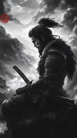 Solitary samurai gazes into storm-lit clouds in grayscale stillness