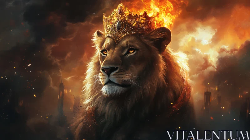 Majestic lion king gazes through flames and storm clouds.