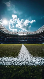 Football stadium pitch line under dramatic blue sky.