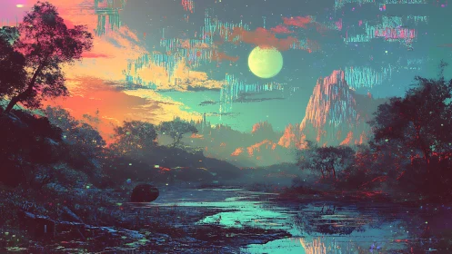 Glitched moonlight drifts above neon-soaked alien wetlands