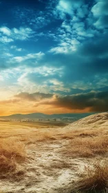 Dirt path through dry golden field under vivid sky.
