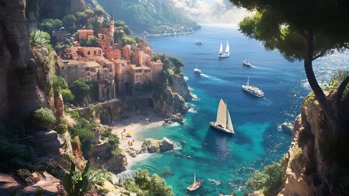 Coastal cliff village with turquoise bay and chartered yachts.