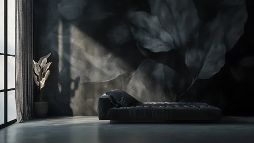 Calm dark bedroom sanctuary with soft light and shadows.