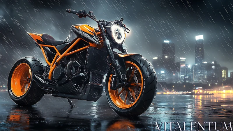 Orange streetfighter motorcycle dominates rainy neon city night