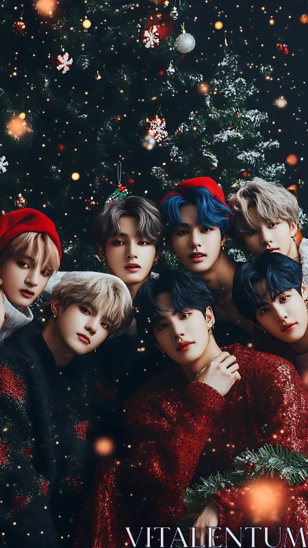 Seven people in festive sweaters before lit tree.