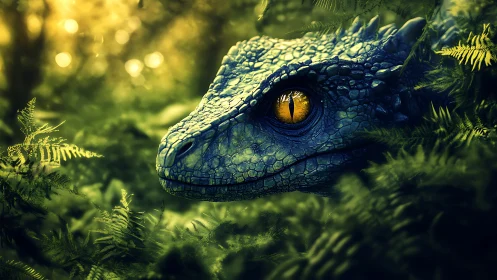 Jungle twilight crowns a watchful emerald dinosaur eye