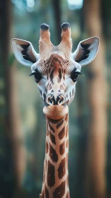 Gentle giraffe gazes calmly amid softly blurred forest