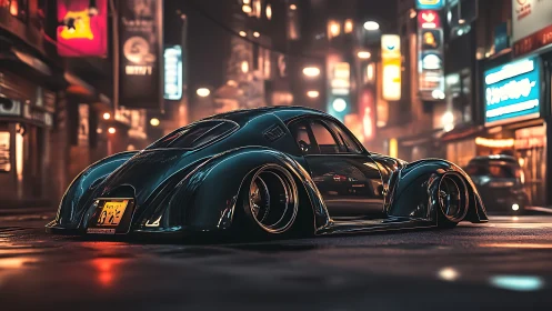 Streamlined custom coupe in illuminated urban nightscape.