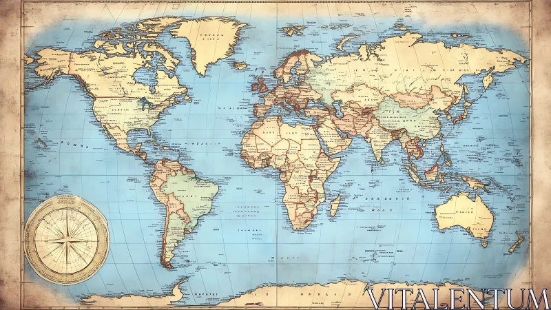 Vintage political world map with decorative compass rose layout.