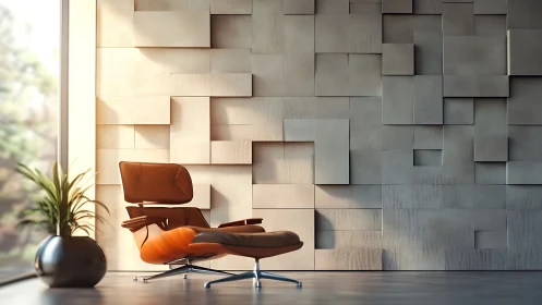 Modern Lounge Chair Against Geometric Wall Sculpture.