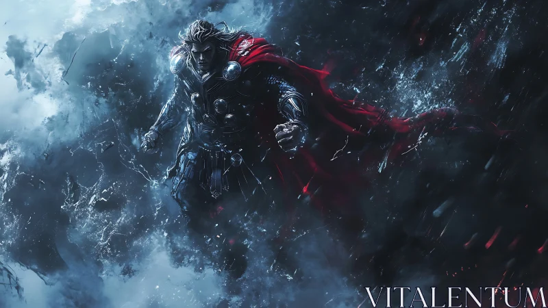 Storm-clad warrior surges through fractured cosmic tempest.