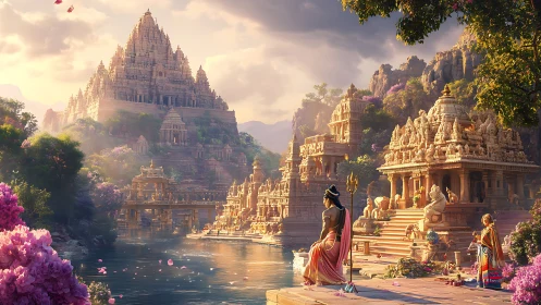 Sunlit riverfront temples frame a monumental stepped sanctuary